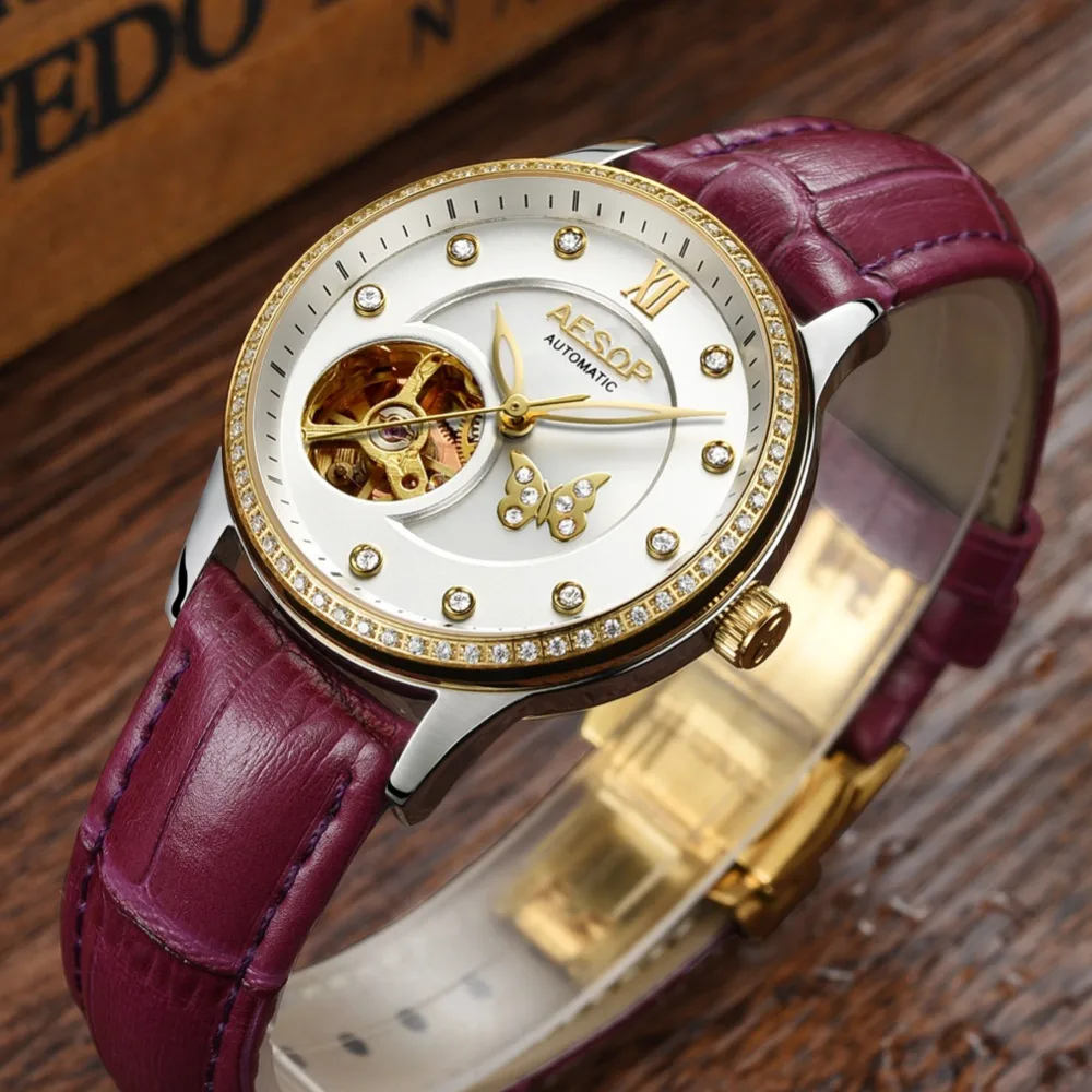 AESOP часы женские роскошные механические кожаный ремешок со стразами скелетом