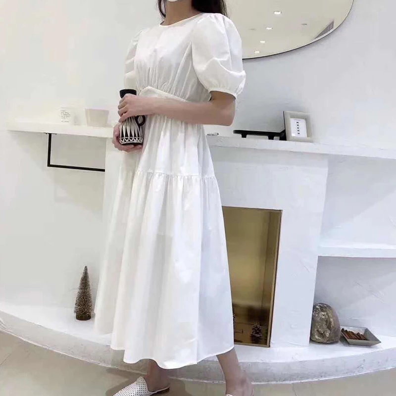 

Dresses For Women 2021 Summer Puff Sleeve O-Neck Women Sexy Long Yellow Dress Elegant Loose Style Women Casual Dress Vestidos