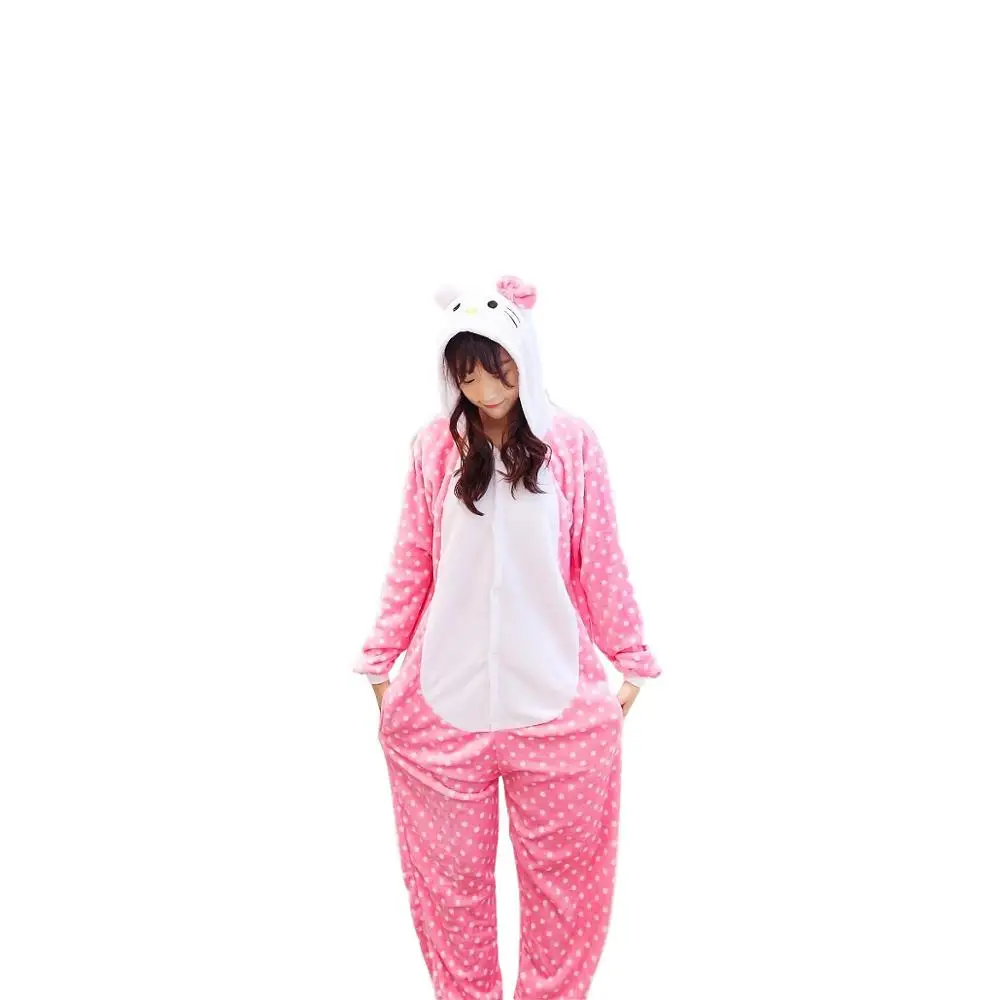 Unisex Adults Animal Pajamas Anime Onesie Bow Cat Flannel Cartoon Cute Warm Cosplay Sleepwear