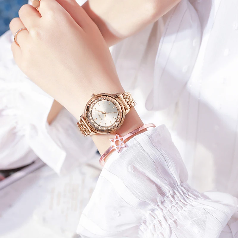 

NEKTOM 2021 New Fashion Diamond Ladies WristWatch Rhinestone Rose Gold Leather Quartz Watch For Girls Women's Bracelets Clock
