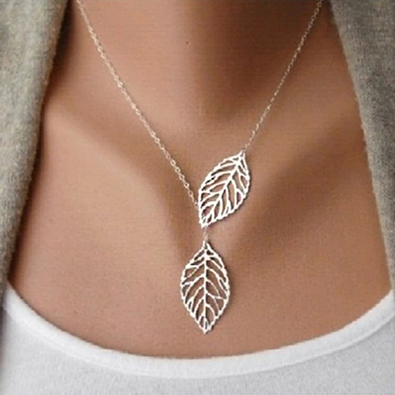 

Creative Simple Double Gold Leaf Pendant Necklace Women's Trend Punk Tassel Chain Pendant Fashion Ladies Party Jewelry Gifts