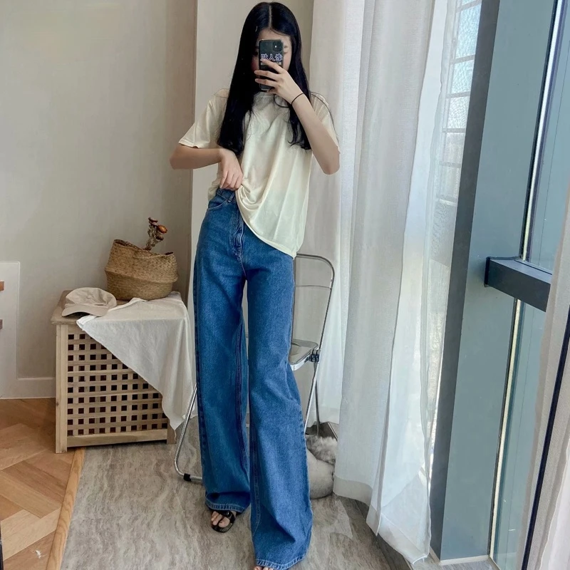

2021 women high waist overlength jeans fashion pants trousers pockets zipper female wide leg denim pants