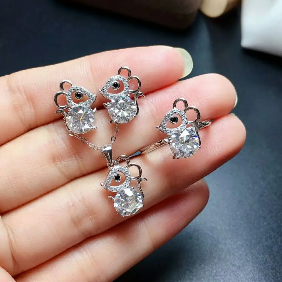 

MeiBaPJ 1 Carat D Color Real Moissanite Mouse Jewelry Set 925 Solid Silver Necklace Earrings Ring Wedding Jewelry for Women