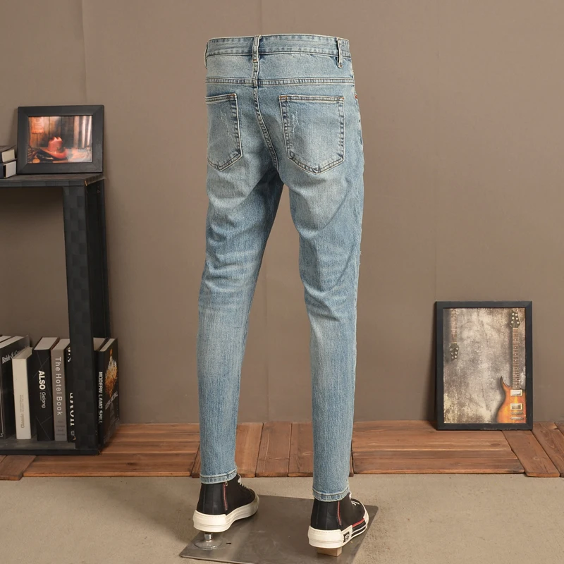 Autumn Men Vintage Blue Ripped Jeans Casual Streetwear Regular Fit Denim Pants