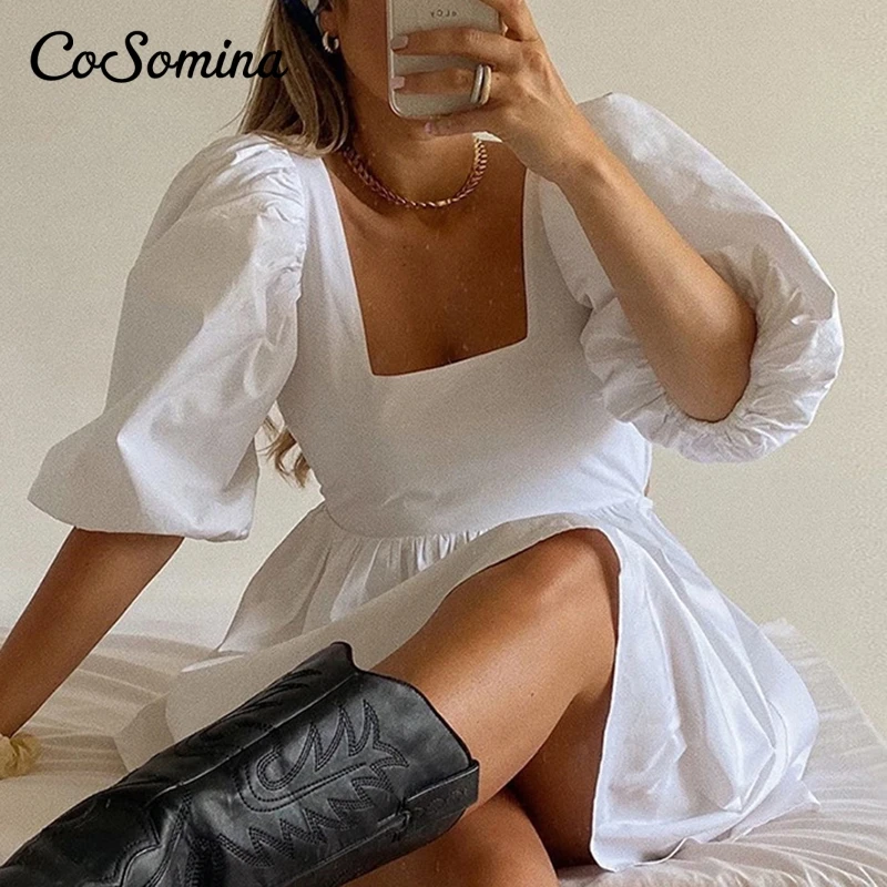 

CoSomina Vintage Sexy CasuaL Square Neck Short Puff Sleeve Woman Dress 2021 Spring Summer White Backless Ladies Mini Party Dress