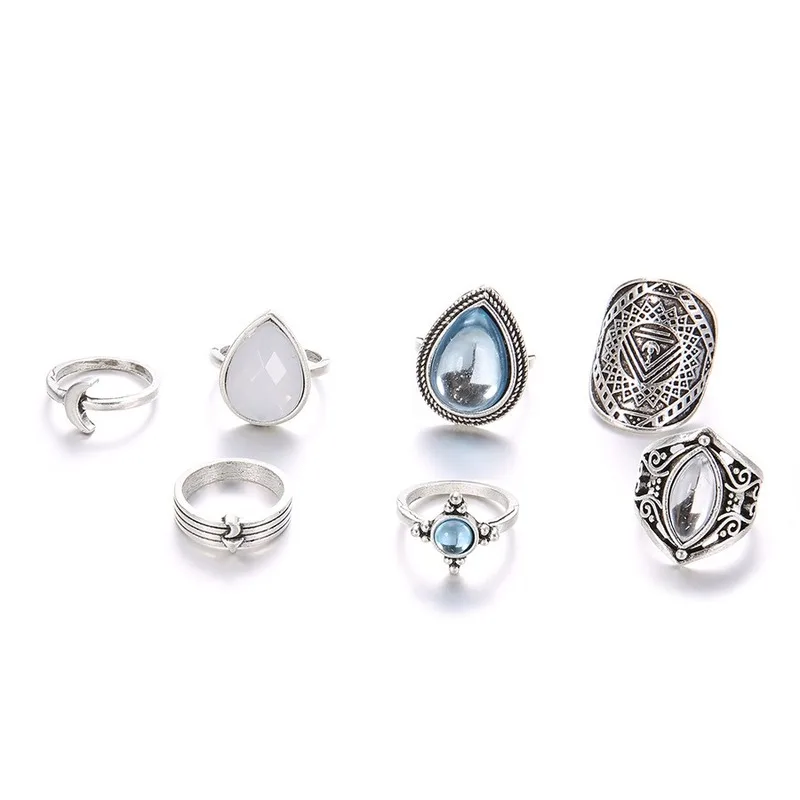 GinaDeer New Opal Ring Set Water Drop Pebble 7-piece Joint Stainless Steel Rings For Women Bagues Pour Femme | Украшения и