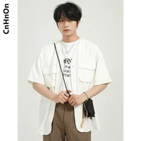 spring and summer new products korean style loose solid color v neck pocket short sleeved shirt men m6 a zb08