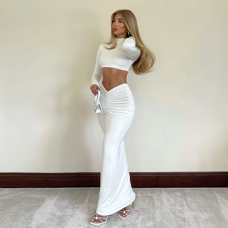 

European American Temperament Women's Suits Autumn Solid Color Long-Sleeved Half-High Collar Short Top Long Skirt 2-Piece Set