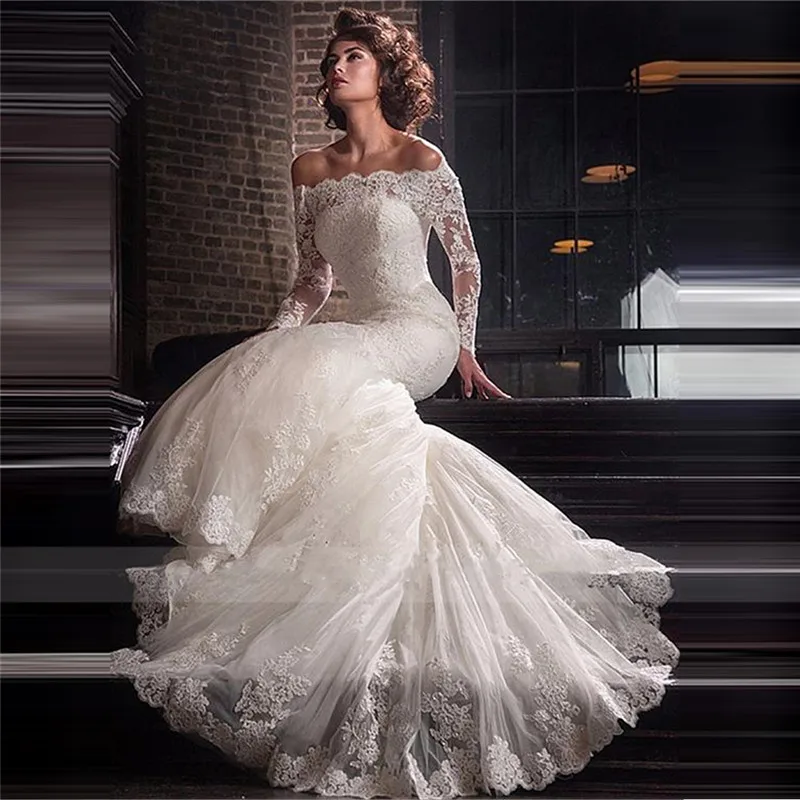 

Bateua Свадебные платья с длинным рукавом русалки кружевные аппликации великолепные тонкие модные свадебные платья на заказ весенние трубы