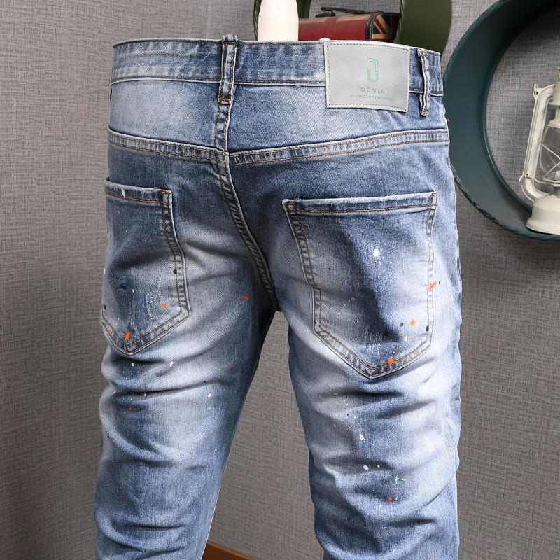Mens Blue Ripped Patches Jeans Men Fashion Dots Printed Straight Slim Fit Pants Streetwear Cowboy Casual Denim Trousers