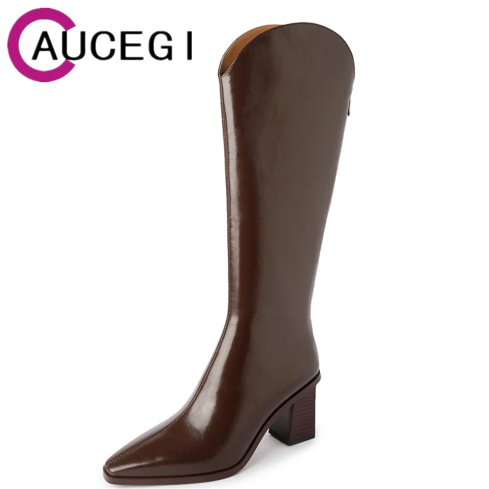

Женские теплые сапоги до колена Aucegi на толстом каблуке, высококачественные кожаные вечерние Сапоги на молнии с острым носком, Осень-зима 2022