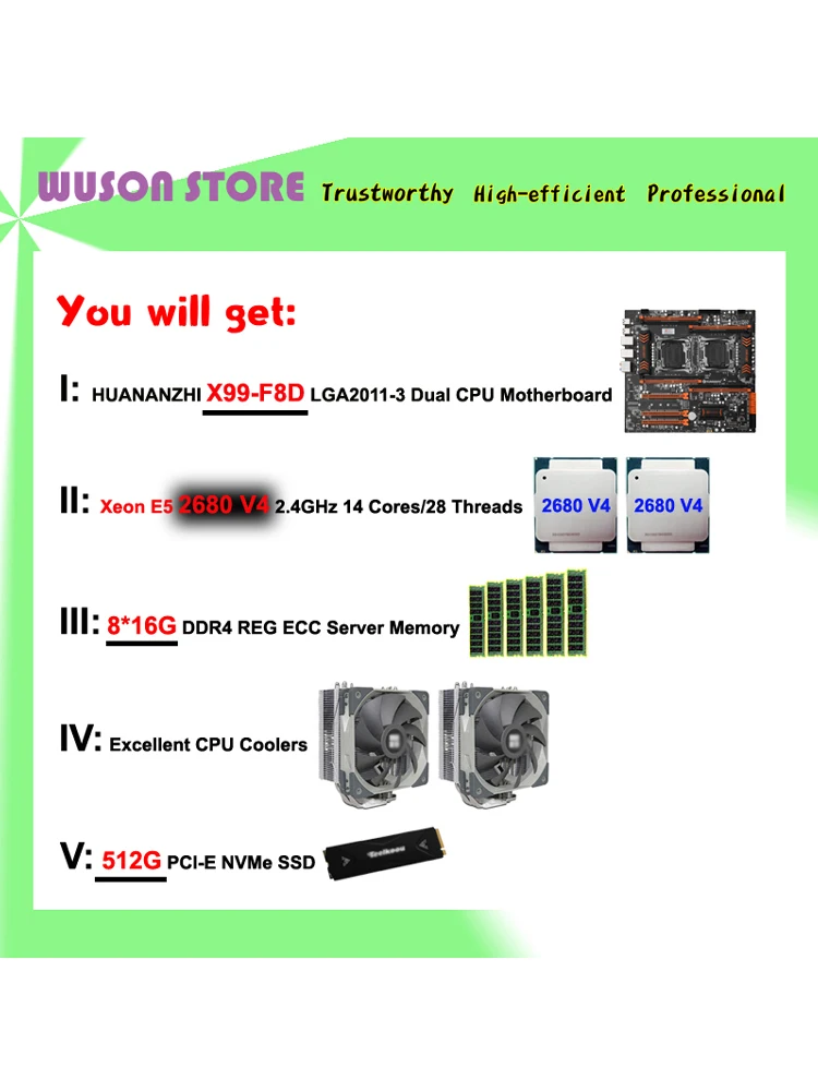 HUANANZHI X99-F8D اللوحة الأم مع 512G M.2 NVMe SSD المزدوج سيون المعالج E5 2680 V4 مبردات RAM 128G(8*16G) 2400 RECC LGA2011-3
