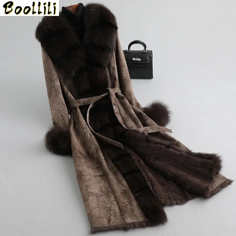 

Double Boollili Luxury Faced Fur Coat Female Natural Rabbit Fur Coats Winter Coat Women Fox Fur Collar Real Leather Jacket 4xl