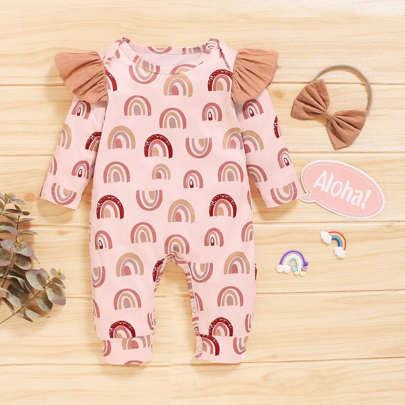 Autumn Baby Rainbow Print Romper Set Girl Cotton Infant Long Sleeve Jumpsuit+Bowknot Headband Toddler Clothing | Детская одежда и