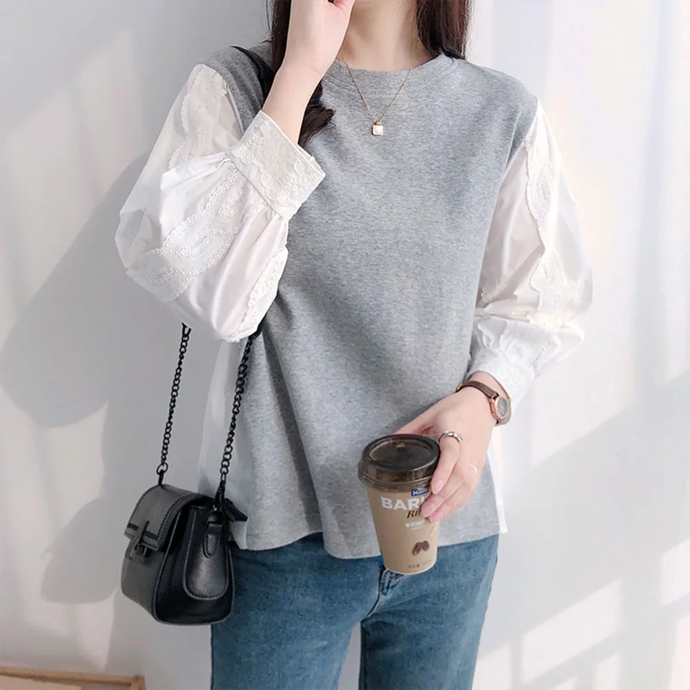 

Женская блузка Осень 2021 Новинка свободный тонкий корейский модный темпераментный лоскутный Женский Повседневный пуловер с круглым вырезо...