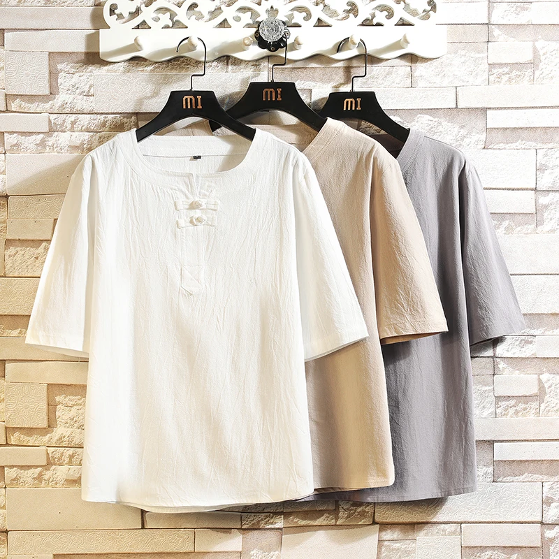 

Summer Fashion New Korea Mens T Shirts Short Sleeve Harajuku Cotton Linen Touch Male Tee Shirt Black White Khaki 4XL 5XL