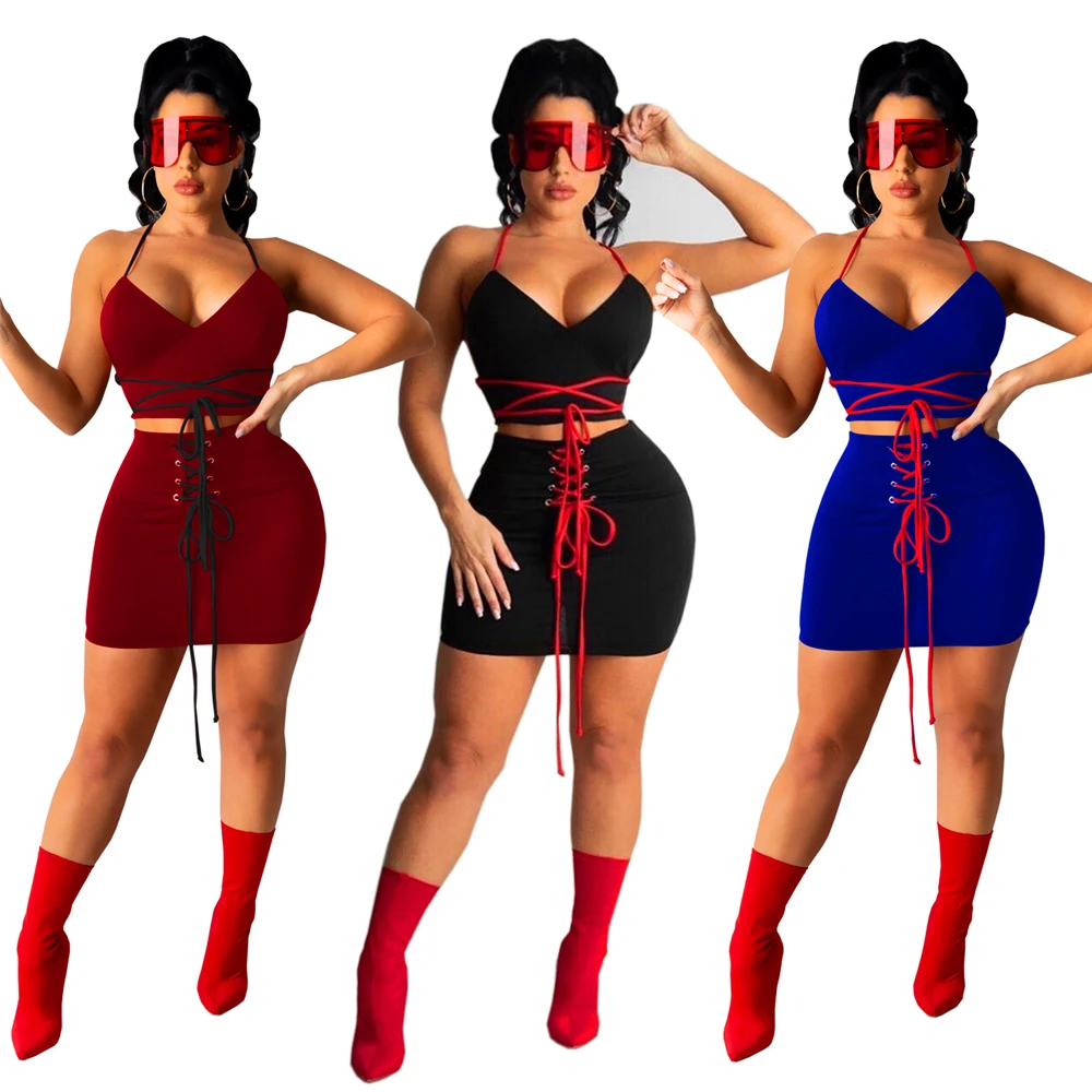 

Q786 European and American summer women's new sling V-neck sleeveless sexy bandage vest skirt two-piece spot supply and wholesal