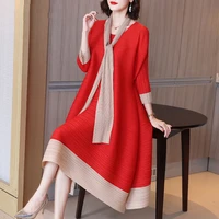 dresses women autumn elastic loose miyake pleated round neck fashion patchwork red dress for women 45 75kg