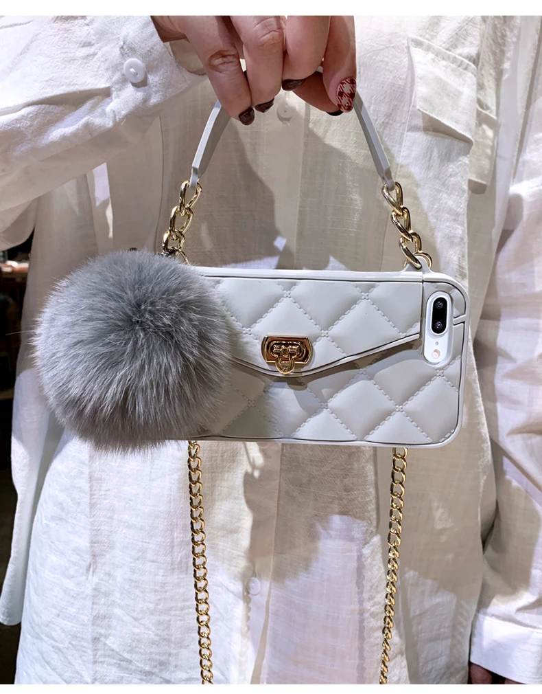 

Fashion Metal Clasp Fur Ball Pendant Card Bag Purse Chain Handbag Case Cover For Iphone 13 12 Mini 11 Pro XS Max Case