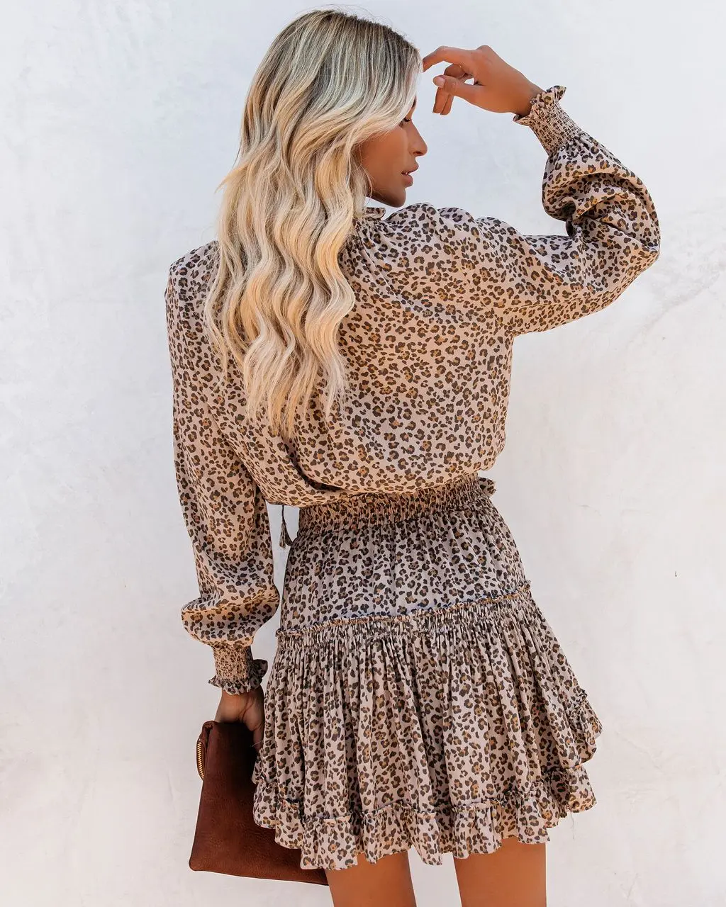 

Long Sleeve Dress Women Casual Fashion Leopard Print V Neck Sexy Dress Mini Elegance Elastic Waist Draped Summer Women Dress