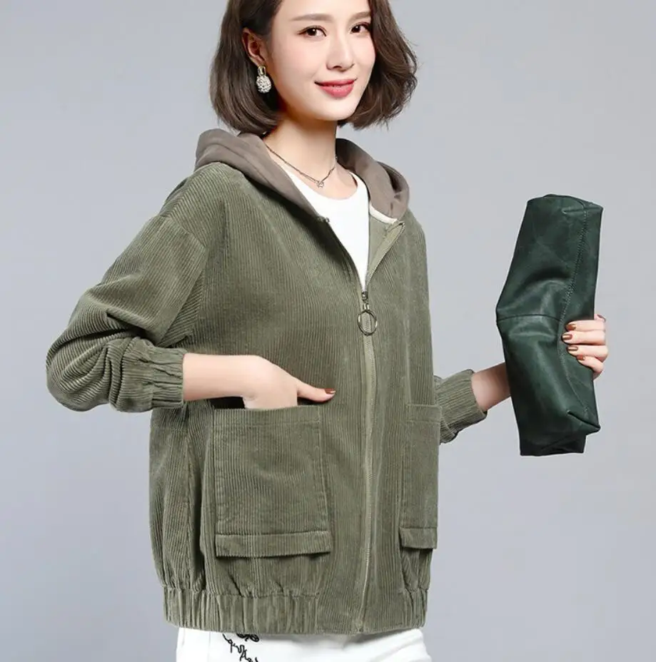 

Spring Autumn Women Corduroy Jackets Coat Causal Hooded Long Sleeve Female Zippers Jacket Outerwear Plus Size 4xl s188