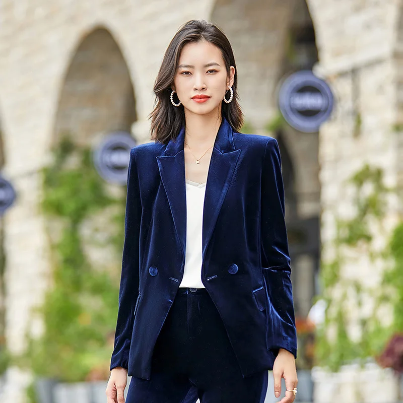 IZICFLY Autumn Winter High Quality Velvet Office Ladies Suit with Pant Two Piece Women Business Blazer Set For Interview Work