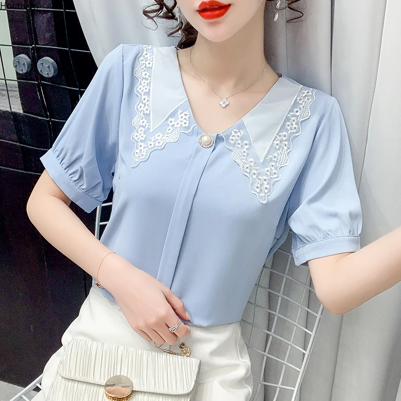 

Silk Slim Women's Blouses New Casual Blouse Summer Fashion Short Sleeve Top Solid Color Lace Doll Collar Pullover Houthion