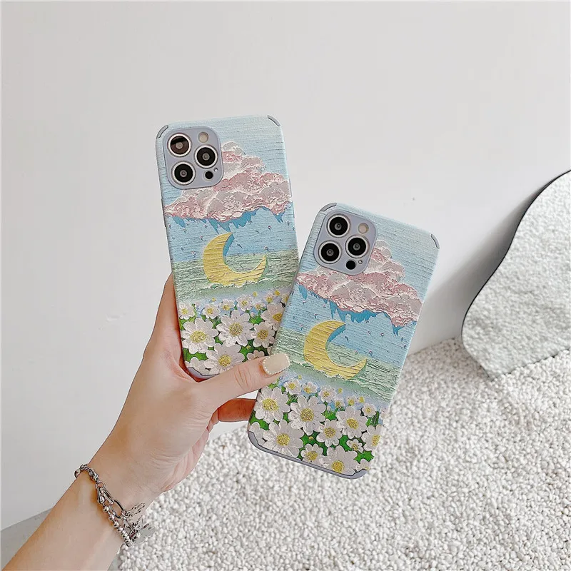 

Oil Painting Moon flowers Phone Case for iPhone 12 mini 11 pro 6 6S 7 8 Plus XR X XS Max Cases Matte TPU back cover Coque