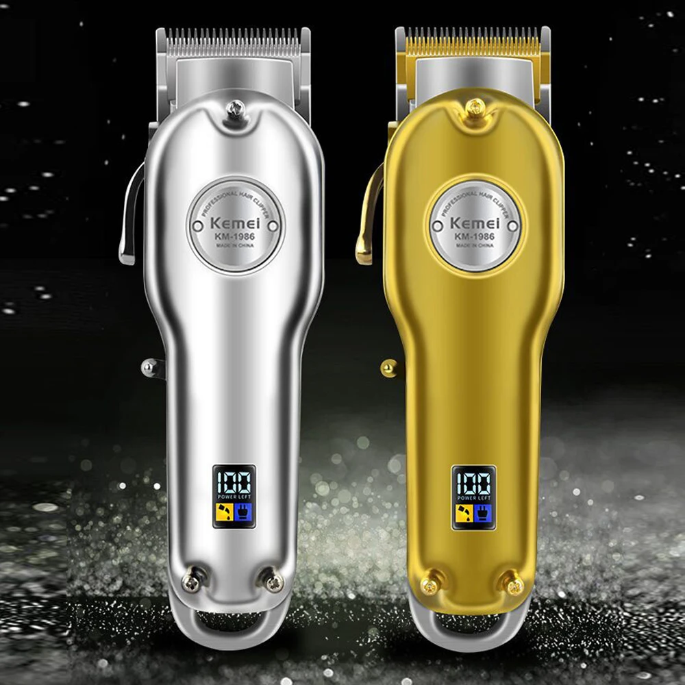 Máquina de Cortar Elétrico sem Fio Aparador de Cabelo Ouro e Prata Máquina de Corte de Cabelo Kemei All-metal Barbeiro Profissional Cabelo Cortador 1986