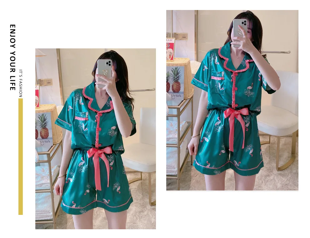 

Pajamas Women's Viscose Fiber Short-Sleeved Shorts Leisure Set Silk Cute Hot-Selling Flamingo sleepwear pijamas women sleepwear