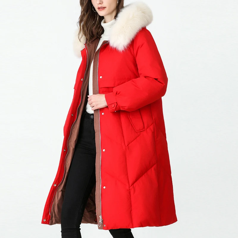 Женский длинный пуховик Janveny толстый на белом утином пуху с капюшоном из