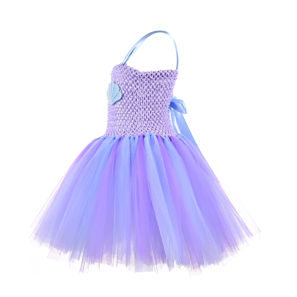 Mermaid Princess Tutu Dress with Headband Blue Purple Under The Sea Shell Tulle Girl Birthday Party Kids Halloween Costume | Детская