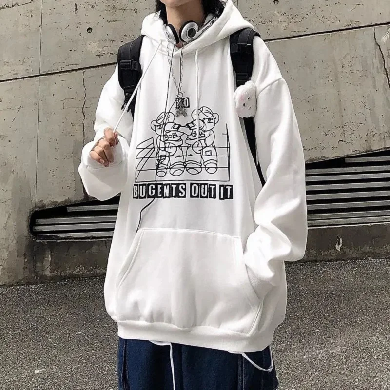 

Harajuku boxing cartoon bear y2k street casual couple models increase print hooded sweater loose autumn and winter plus velvet