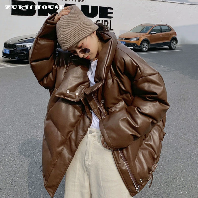

ZURICHOUSE Winter PU Leather Parka Women's Fashion Oversized Thick Warm Faux Leather Coat Harajuku Plus Size Puffer Jacket Women