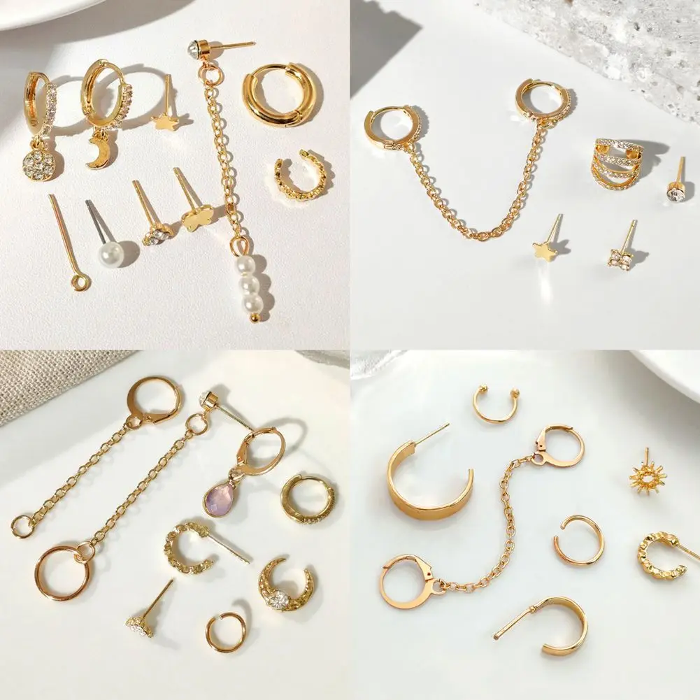 

Flatfoosie Golden Star Moon Round Crystal Hoop Earrings Sets for Women Fashion Geometric Ear Cuff Circle Earrings Boho Jewelry