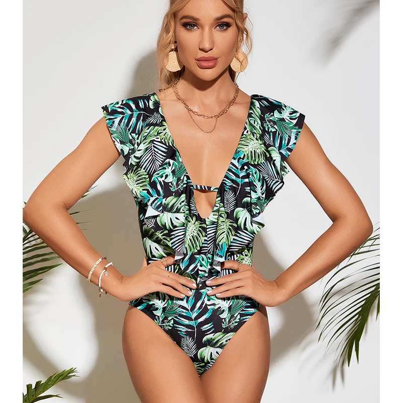 

Ruffled Swimsuits One Piece Deep V Swimwear Women Tunic Push Up Bathing Suit Sexy Ruffled One-Piece Suits Monokini Beachwear