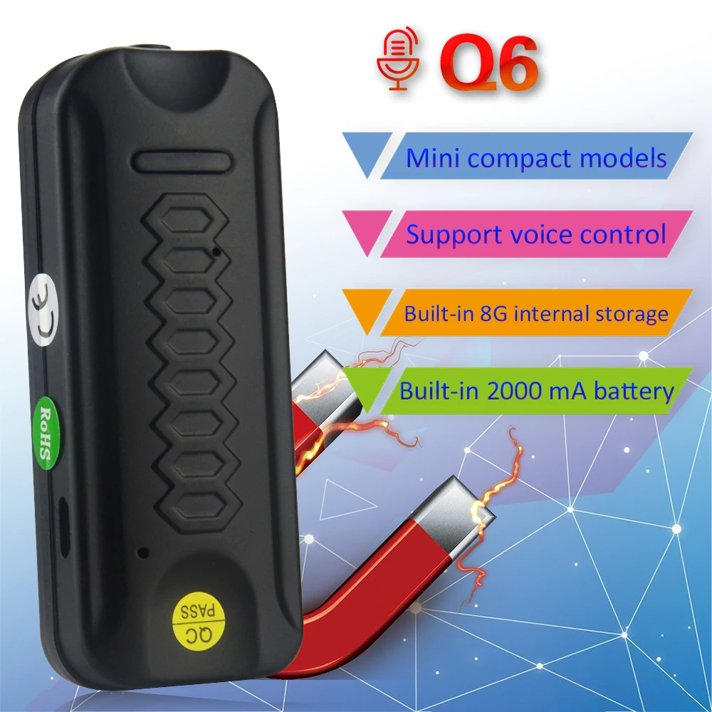 Мини диктофон Q6 с перезаряжаемой батареей 2000 мА · ч встроенный светодиодный