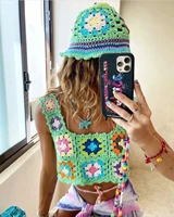 woman summer beach hand made crochet flower tank top