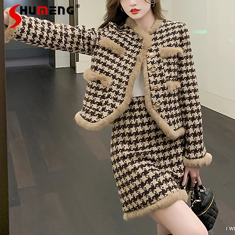 

Socialite Coat Skirt Two-Piece Set Retro Houndstooth Fleece-Lined Thickened Woolen Coat + High Waist Slim Fit Mini Skirt Suit