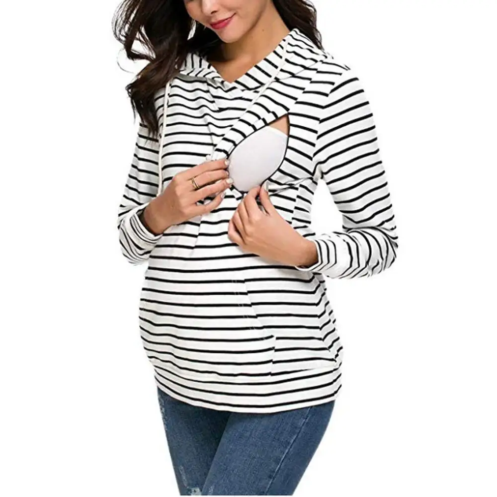 

Autumn and winter new maternity wear breastfeeding sweatshirt striped cotton pregnant women hoodie sweater coat pregnant clothes