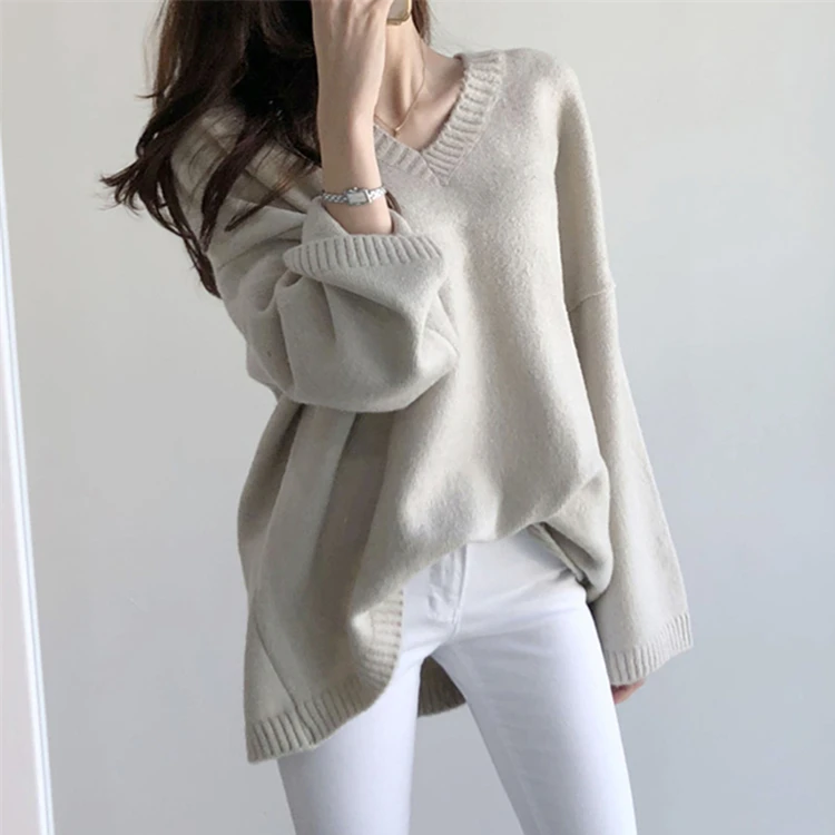 

Женский трикотажный пуловер в стиле оверсайз Colorfaith, элегантный минималистичный пуловер с V-образным вырезом в Корейском стиле, SW1186, Осень-зи...