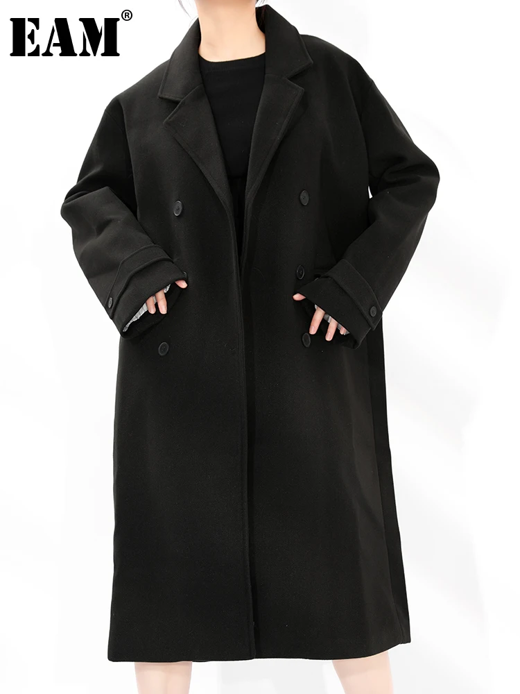 

[EAM] Loose Fit Black Brief Thick Long Big Size Woolen Coat Parkas New Long Sleeve Women Fashion Tide Autumn Winter 2021 A580