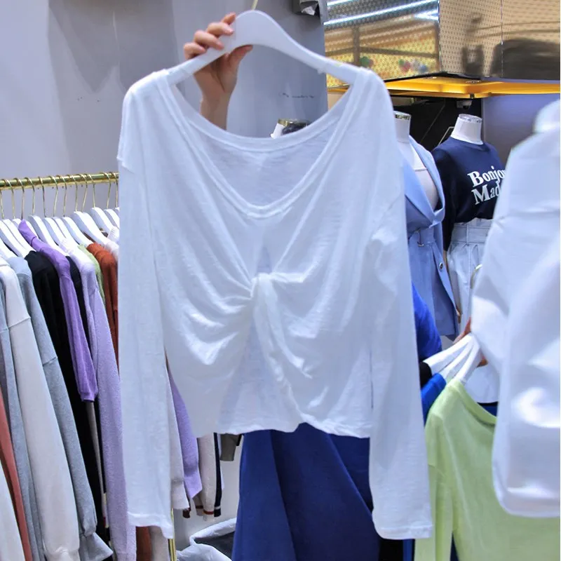 

South Korean version of the new 2021 Spring and Autumn pleated hollowed-out Long sleeve T-shirt for women casual top