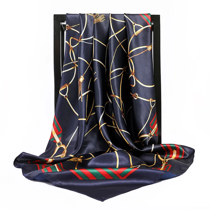 

Fashion Chain Print Square Scarves New Style Kerchief Female 90X90CM Hijab Scarfs Ladies Silk Satin Shawls And Wraps Wholesale