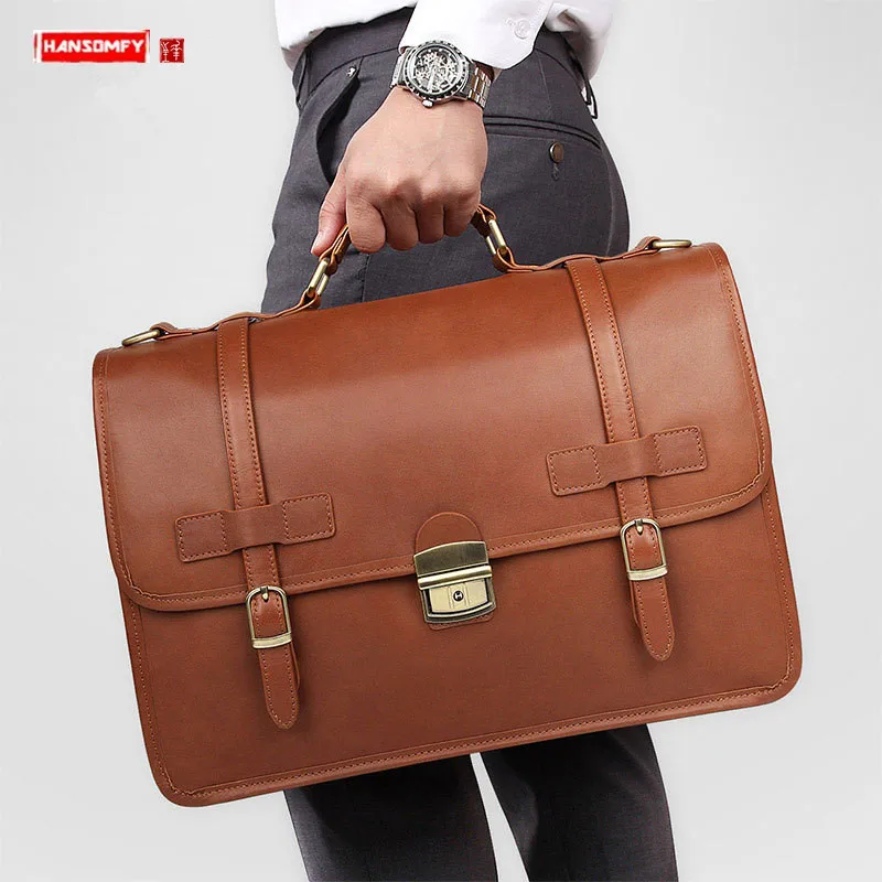 

Мужской портфель, мужская деловая сумка с замком, мужская сумка для ноутбука, дорожная сумка на плечо, натуральная кожа, большая емкость, вод...