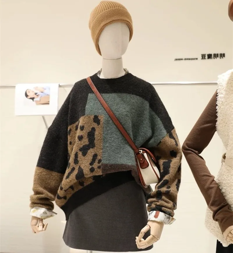 

2020 New Autumn Long Sleeve Jumper Knitted Loose Fashion Pullover Femme Leopard Hit Color Sweater