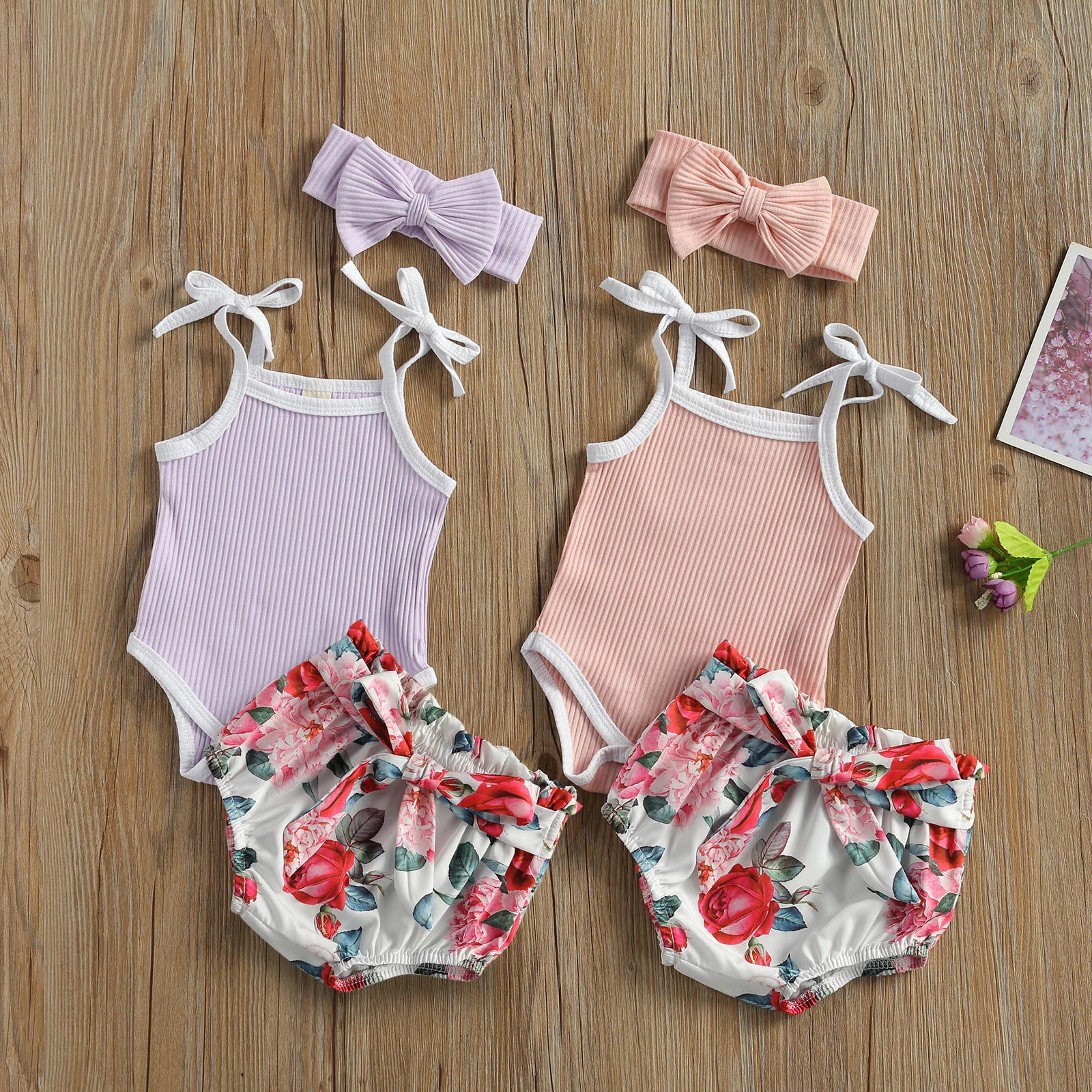 

Летние, для детей ясельного возраста, на лямках для новорожденных боди с резинкой + ремень печати шорты + Бант, Цветочный принт головная повя...