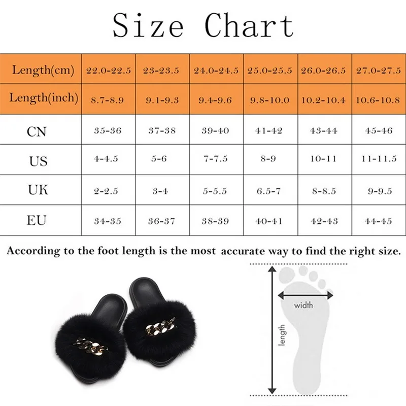 

Ladies Fluffy Flip Flops Fox Fur Slippers Designer Golden Chain Furry Fur Slides Plush Beach Shoes Women Summer Sandals