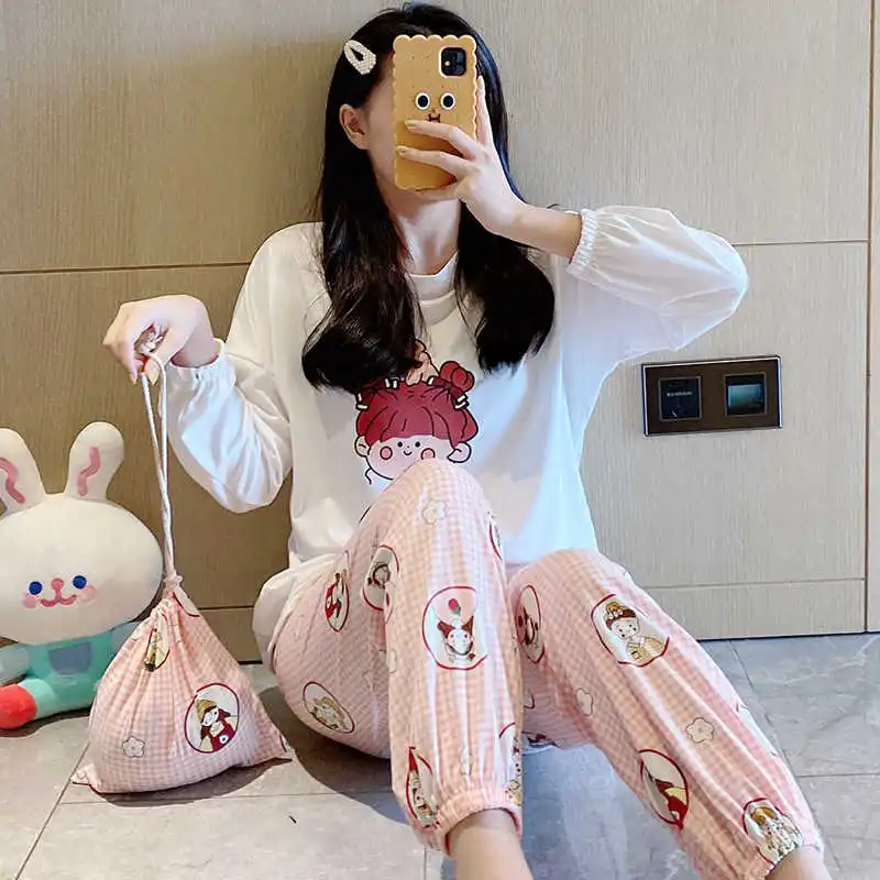 

Women's Long-sleeved Pajamas Cotton Sleepwear Autumn Pyjama Cute Girl Print Pijama HomeWear Leisure Clothes Women Long Pant Pj