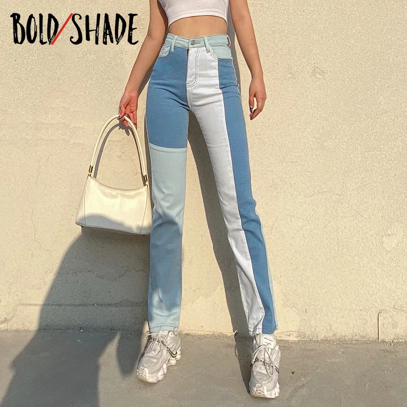 

Bold Shade Grunge Fashion 90s Patchwork Blue Denim Jeans High Waist Indie Style Women Straight Jeans Streetwear Skinny Pants